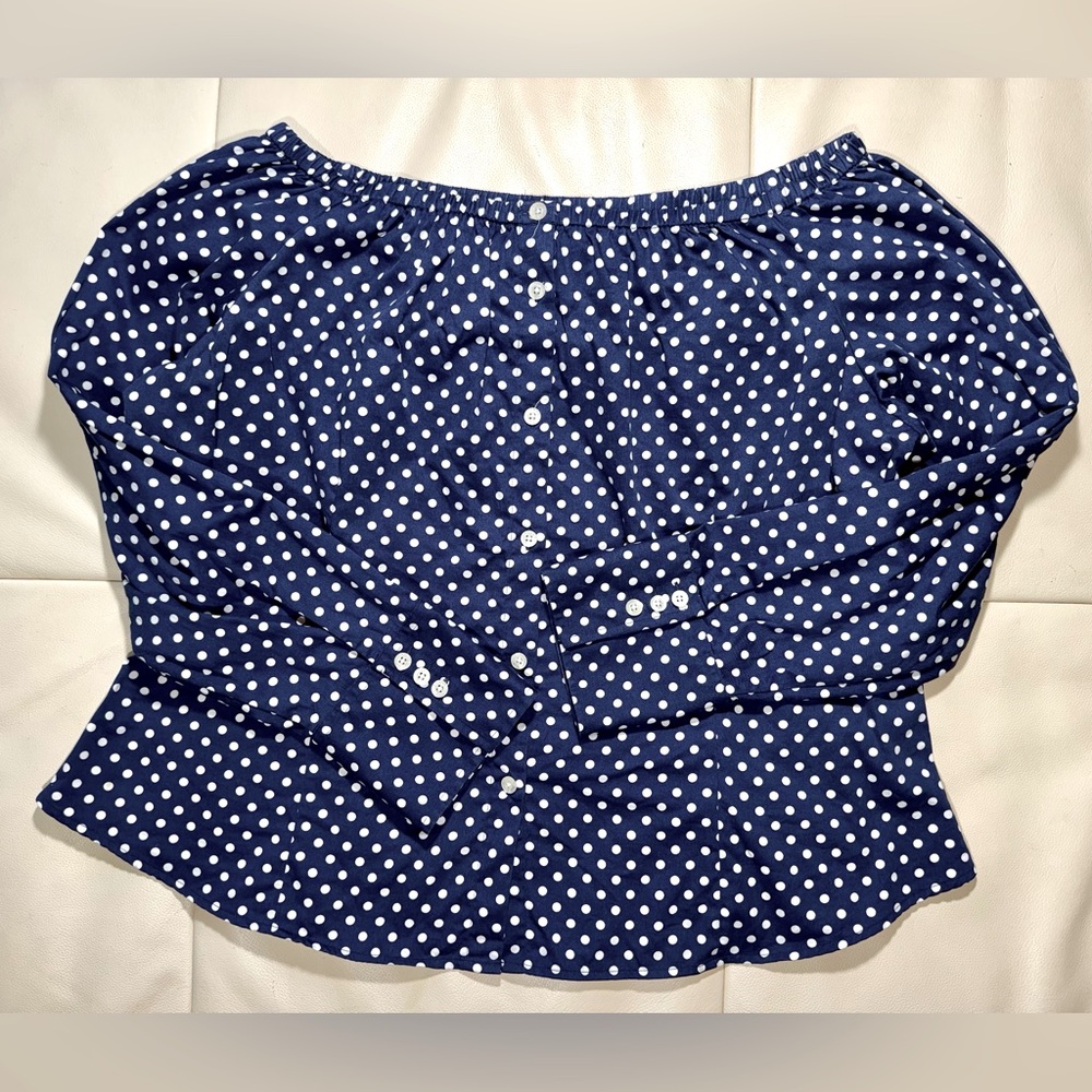 Lauren Ralph Lauren Navy & White Polka Dot Off-The-Shoulder Long Sleeve Top - Picture 2 of 10